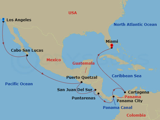 17 Night - Picturesque Panama Canal Collective - Brilliant Lady - Starting in Los Angeles, California, Cabo San Lucas, Mexico, Puerto Quetzal, Guatemala, Puntarenas, Costa Rica, Panama City, Panama, Panama Canal (Cruising), Panama, Cartagena CO, Miami, Florida itinerary map