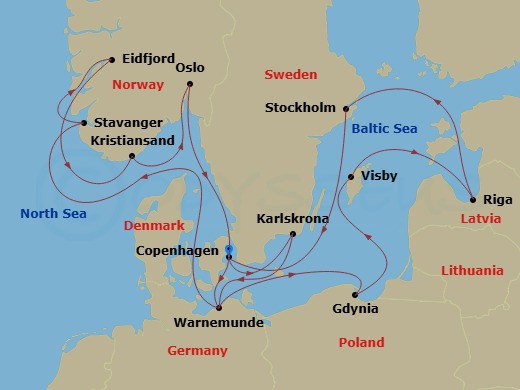 15 Night - Northern Europe - MSC Magnifica - Starting in Copenhagen, Denmark, Karlskrona, Sweden, Warnemunde (Berlin), Germany, Gdynia (Gdansk), Poland, Visby, Sweden, Riga, Latvia, Stockholm, Sweden, Copenhagen, Denmark, Warnemunde (Berlin), Germany, Stavanger (Lysefijord), Norway, Eidfjord, Norway, Kristiansand, Norway, Oslo, Norway, Copenhagen, Denmark itinerary map