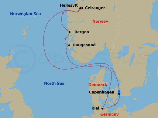 7 Night - North Europe from Copenhagen - Costa Diadema - Starting in Copenhagen, Denmark, Hellesylt, Norway, Geiranger fjord, Geiranger, Norway, Bergen, Norway, Norwegian sea, Haugesund, Norway, Kiel, Germany, Copenhagen, Denmark itinerary map