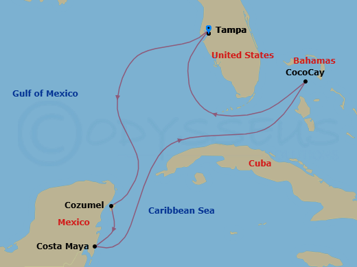 7 Night - Western Caribbean & Perfect Day - Enchantment of the Seas - Starting in Tampa, Florida, Cozumel, Mexico, Puerto Costa Maya, Mexico, Perfect Day Cococay, Bahamas, Tampa, Florida itinerary map