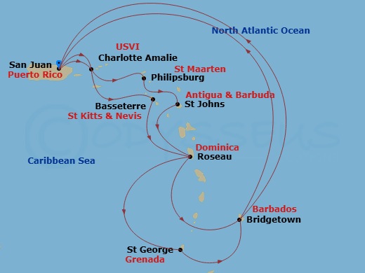 14 Night - Southern Caribbean Adventurer - Crown Princess - Starting in San Juan, Puerto Rico, St Thomas, US Virgin Islands, St Kitts, Dominica, Grenada, Barbados, San Juan, Puerto Rico, St Thomas, US Virgin Islands, St Maarten, Antigua, Dominica, Barbados, San Juan, Puerto Rico itinerary map