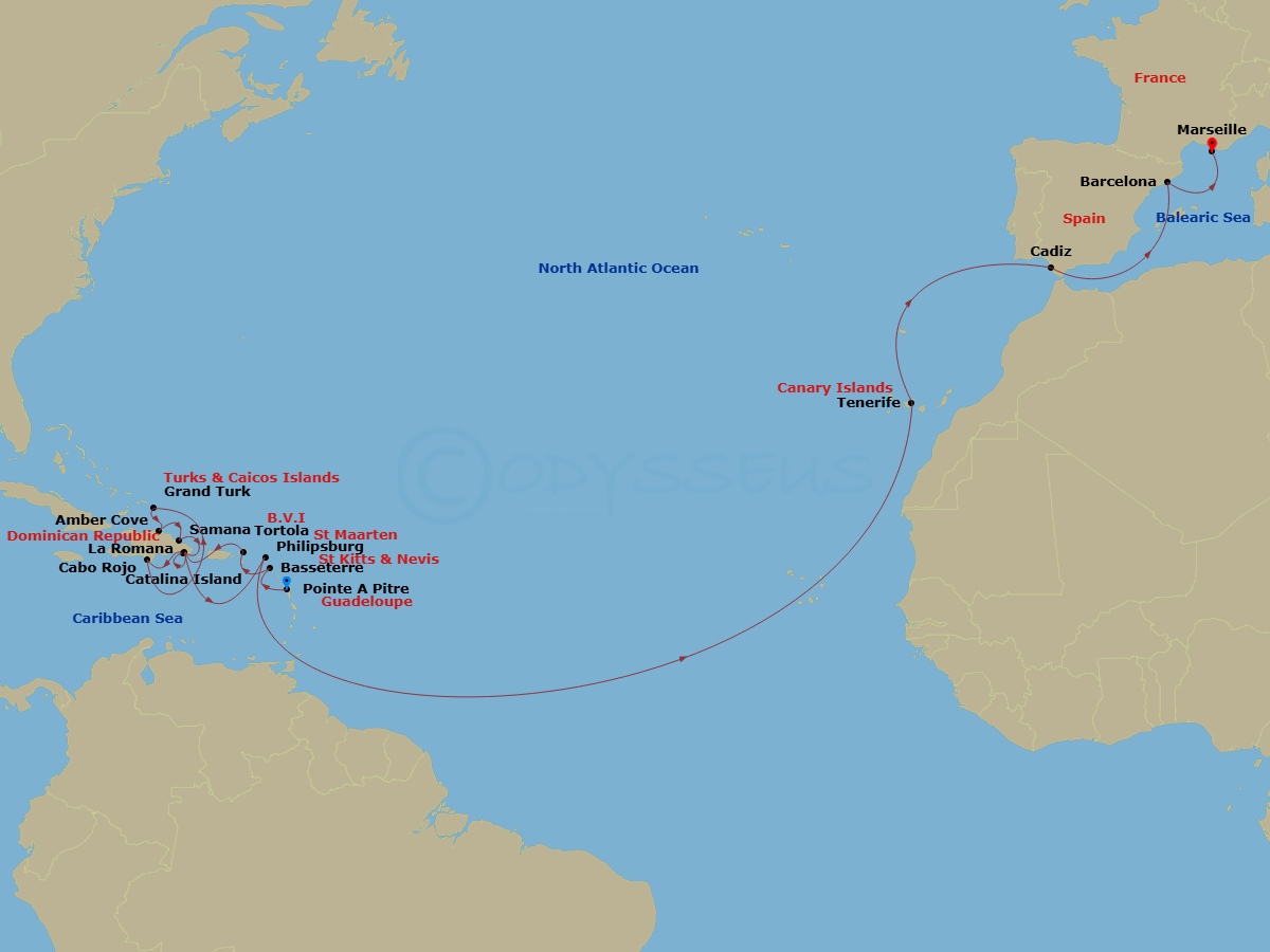 24 Night - Transatlantic from Pointe a Pitre - Costa Pacifica - Starting in Pointe-a-Pitre, Basseterre, Tortola (Road Harbour), La Romana, Catalina Island, Cabo Rojo, Grand Turk, Amber Cove, Samana (Do), La Romana, St Maarten (Philipsburg), Santa Cruz de Tenerife, Cadice, Barcelona, Marseille itinerary map