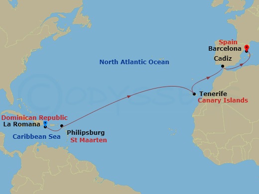 13 Night - Transatlantic from Casa De Campo / La Romana - Costa Pacifica - Starting in La Romana, St Maarten (Philipsburg), Santa Cruz de Tenerife, Cadice, Barcelona itinerary map