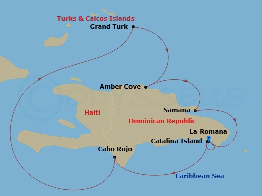 7 Night - Western Caribbean from Casa De Campo / La Romana - Costa Pacifica - Starting in La Romana, Catalina Island, Cabo Rojo, Grand Turk, Amber Cove, Samana (Do), La Romana itinerary map