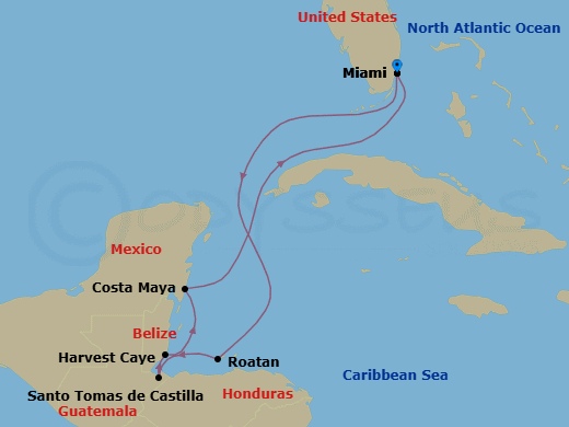 7 Night - Fall for the Caribbean - Seven Seas Grandeur - Starting in Miami, Cruising the Caribbean Sea, Roatan, Santo Tomas De Castilla, Harvest Caye, Costa Maya, Mexico, Cruising the Straits of Florida, Miami itinerary map