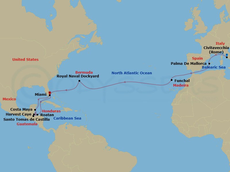 21 Night - Atlantic Ocean Isles - Seven Seas Grandeur - Starting in Rome (Civitavecchia), Cruising the Mediterranean Sea, Palma De Mallorca, Cruising the Gibraltar Straight, Cruising the Atlantic Ocean, Funchal (Madeira), Cruising the Atlantic Ocean, Royal Naval Dockyard, Cruising the Atlantic Ocean, Miami, Cruising the Caribbean Sea, Roatan, Santo Tomas De Castilla, Harvest Caye, Costa Maya, Mexico, Cruising the Straits of Florida, Miami itinerary map