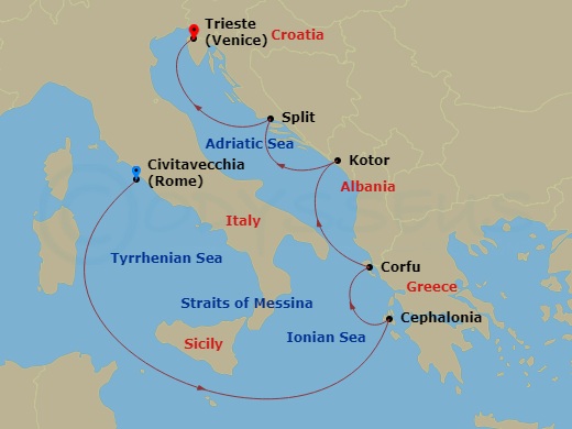 7 Night - Italy and Adriatic - Queen Victoria - Starting in Civitavecchia (tours to Rome), Italy, Messina Strait, Italy (Transit), Cephalonia, Greece, Corfu, Greece, Kotor, Montenegro, Split, Croatia, Trieste, Italy itinerary map