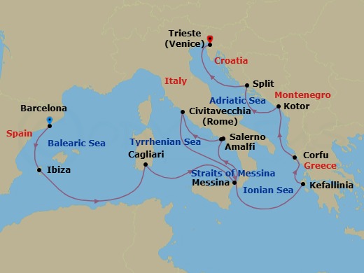14 Night - Italy, Spain and Adriatic - Queen Victoria - Starting in Barcelona, Spain, Ibiza, Spain, Cagliari, Sardinia, Italy, Messina Strait, Italy (Transit), Messina, Sicily, Italy, Salerno (tours to Capri or Pompeii), Italy, Amalfi Coast Sail By, IT, Civitavecchia (tours to Rome), Italy, Messina Strait, Italy (Transit), Cephalonia, Greece, Corfu, Greece, Kotor, Montenegro, Split, Croatia, Trieste, Italy itinerary map