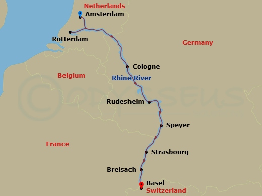 7 Night - Rhine Amsterdam - Basel - Celebrity Roamer - Starting in Amsterdam, Netherlands, Rotterdam, Netherlands, Cologne, Germany, Scenic Rhine, Rudesheim, Germany, Speyer, Germany, Strasbourg, France, Breisach, Germany, Basel, Switzerland itinerary map