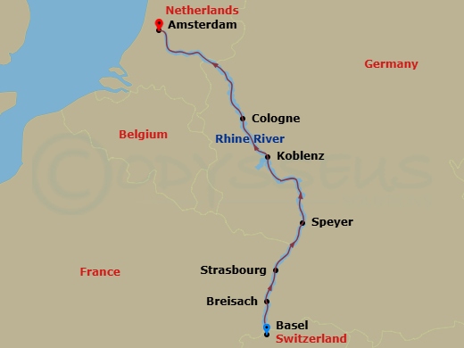7 Night - Rhine Basel - Amsterdam - Celebrity Roamer - Starting in Basel, Switzerland, Breisach, Germany, Strasbourg, France, Speyer, Germany, Scenic Rhine, Koblenz, Germany, Cologne, Germany, Amsterdam, Netherlands itinerary map