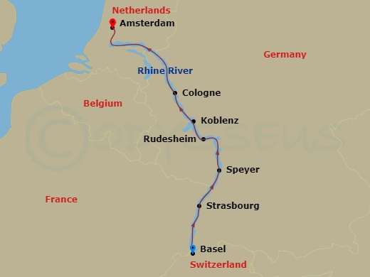7 Night - Basel-Amsterdam (Naming Cruise) - Celebrity Roamer - Starting in Basel, Switzerland, Strasbourg, France, Speyer, Germany, Rudesheim, Germany, Scenic Rhine, Koblenz, Germany, Cologne, Germany, Amsterdam, Netherlands itinerary map