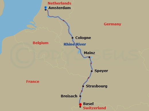 7 Night - Rhine River New Year's Cruise - Celebrity Wanderer - Starting in Amsterdam, Netherlands, Cologne, Germany, Scenic Rhine, Mainz, Germany, Speyer, Germany, Strasbourg, France, Breisach, Germany, Basel, Switzerland itinerary map
