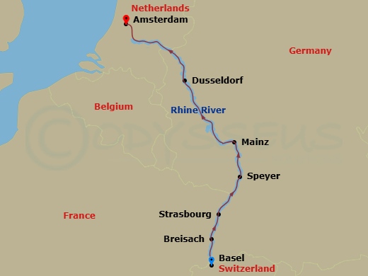 7 Night - Rhine River Christmas Cruise - Celebrity Wanderer - Starting in Basel, Switzerland, Breisach, Germany, Strasbourg, France, Speyer, Germany, Mainz, Germany, Scenic Rhine, Dusseldorf, Germany, Amsterdam, Netherlands itinerary map