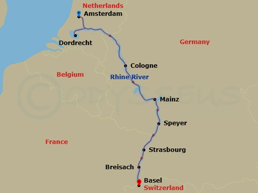 7 Night - Rhine River Christmas Cruise - Celebrity Roamer - Starting in Amsterdam, Netherlands, Dordrecht, The Netherlands, Cologne, Germany, Scenic Rhine, Mainz, Germany, Speyer, Germany, Strasbourg, France, Breisach, Germany, Basel, Switzerland itinerary map