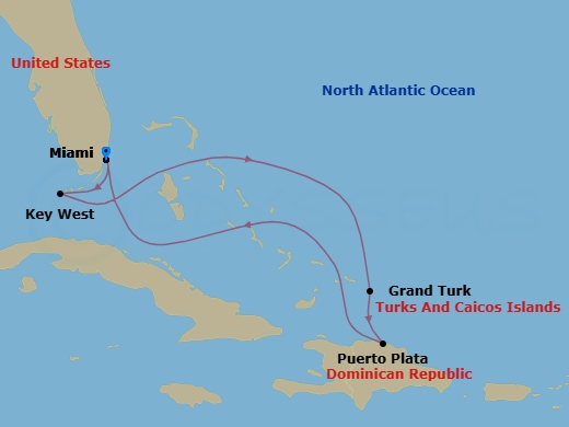 6 Night - Eastern Caribbean Cruise - Resilient Lady - Starting in Miami, Florida, Key West, Florida, Grand Turk, Turks and Caicos, Puerto Plata, Dominican Republic, Miami, Florida itinerary map