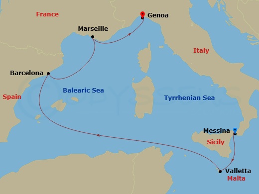 5 Night - Mediterranean - MSC World Europa - Starting in Messina (Taormina), Italy, La Valletta, Malta, Barcelona, Spain, Marseille (Provence), France, Genoa (Portofino), Italy itinerary map