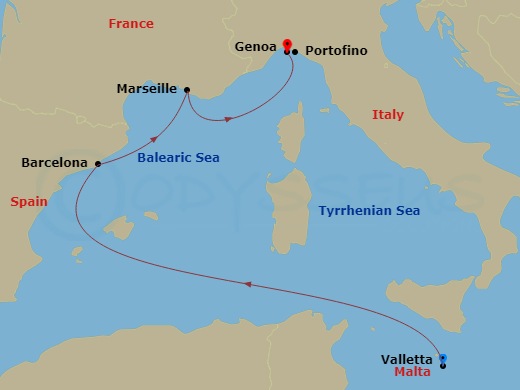 4 Night - Mediterranean - MSC World Europa - Starting in La Valletta, Malta, Barcelona, Spain, Marseille (Provence), France, Genoa (Portofino), Italy itinerary map