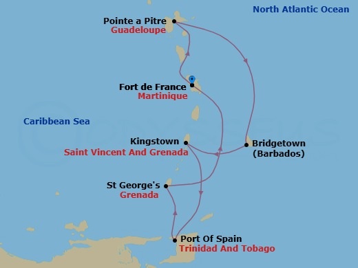 7 Night - South Caribbean - MSC Meraviglia - Starting in Fort-de-France, Martinique, Pointe-A-Pitre, Guadeloupe, Bridgetown, Barbados, Kingstown, St Vincent and the Grenadines, Port of Spain, Saint George, Grenada, Fort-de-France, Martinique itinerary map