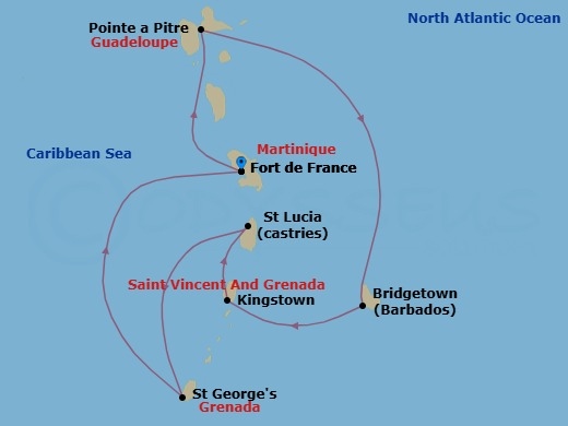 7 Night - South Caribbean - MSC Meraviglia - Starting in Fort-de-France, Martinique, Pointe-A-Pitre, Guadeloupe, Bridgetown, Barbados, Kingstown, St Vincent and the Grenadines, Castries, Saint Lucia, Saint George, Grenada, Fort-de-France, Martinique itinerary map