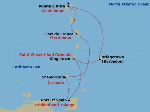7 Night - South Caribbean - MSC Meraviglia - Starting in Pointe-A-Pitre, Guadeloupe, Bridgetown, Barbados, Kingstown, St Vincent and the Grenadines, Port of Spain, Saint George, Grenada, Fort-de-France, Martinique, Pointe-A-Pitre, Guadeloupe itinerary map