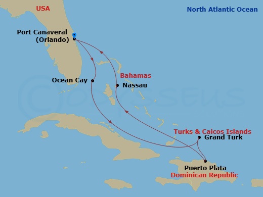 7 Night - Caribbean and Antilles - MSC World Atlantic - Starting in Port Canaveral (Orlando), Florida, Ocean Cay Msc Marine Reserve, Bahamas, Grand Turk Island, Turks and Caicos, Puerto Plata, Dominican Republic, Nassau, Bahamas, Port Canaveral (Orlando), Florida itinerary map