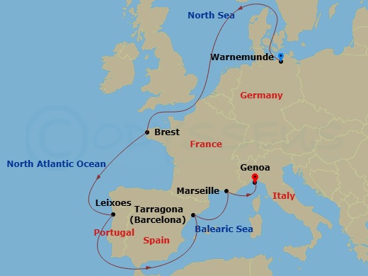 10 Night - Northern Europe - MSC Magnifica - Starting in Warnemunde (Berlin), Germany, Brest, France, Leixoes (Porto), Portugal, Tarragona, Spain, Marseille (Provence), France, Genoa (Portofino), Italy itinerary map
