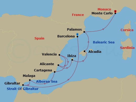 12 Night - Barcelona to Monte Carlo - Silver Ray - Starting in Barcelona, Gibraltar, Malaga (Costa del Sol), Cartagena ES, Spain, Valencia, Alicante, Ibiza, Alcudia, Mallorca, Palamos, Monte Carlo itinerary map