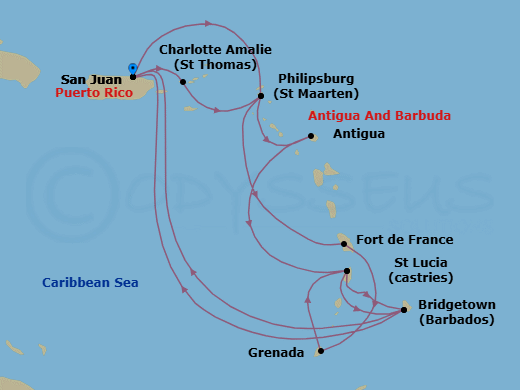 14 Night - Southern Caribbean Adventurer - Crown Princess - Starting in San Juan, Puerto Rico, St Maarten, Martinique, Grenada, St Lucia, Barbados, San Juan, Puerto Rico, St Thomas, US Virgin Islands, St Maarten, Antigua, St Lucia, Barbados, San Juan, Puerto Rico itinerary map