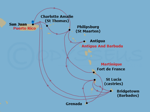 14 Night - Southern Caribbean Adventurer - Crown Princess - Starting in San Juan, Puerto Rico, St Thomas, US Virgin Islands, St Maarten, Antigua, St Lucia, Barbados, San Juan, Puerto Rico, St Maarten, Martinique, Grenada, St Lucia, Barbados, San Juan, Puerto Rico itinerary map
