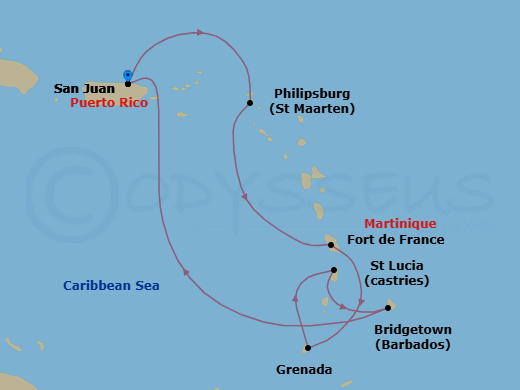 7 Night - Southern Caribbean with Barbados and St. Lucia - Crown Princess - Starting in San Juan, Puerto Rico, St Maarten, Martinique, Grenada, St Lucia, Barbados, San Juan, Puerto Rico itinerary map
