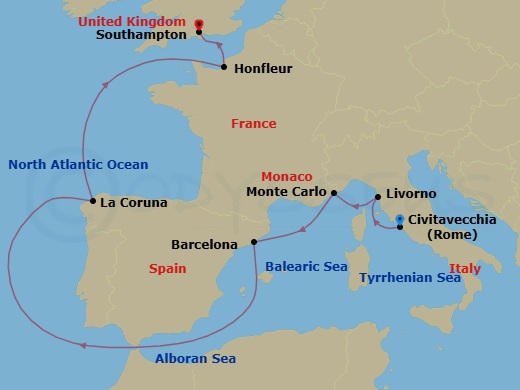 13 Night - Spotlight On Faberge - Seven Seas Grandeur - Starting in Rome (Civitavecchia), Tuscany (Livorno), Monte Carlo, Barcelona, Cruising the Mediterranean Sea, Cruising the Atlantic Ocean, La Coruna, Cruising the English Channel, Paris (Honfleur), London (Southampton) itinerary map