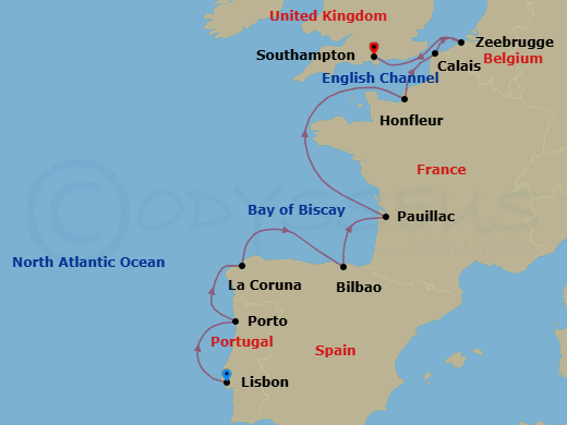 10 Night - Cultured Iberia & France - Oceania Insignia - Starting in Lisbon, Oporto, La Coruna, Bilbao, Pauillac (Bordeaux), Paris (Honfleur), Calais, Bruges (Zeebrugge), London (Southampton) itinerary map