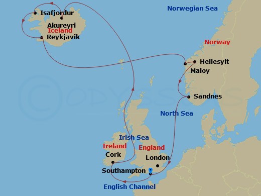 14 Night - Northern Europe - MSC Virtuosa - Starting in Southampton (London), United Kingdom, Cork, Ireland, Akureyri, Iceland, Isafjordur, Iceland, Reykjavik, Iceland, Maloy, Norway, Hellesylt, Norway, Sandnes, Norway, Southampton (London), United Kingdom itinerary map