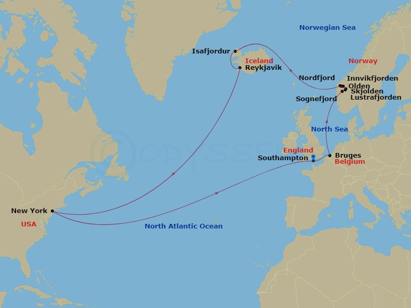 21 Night - Roundtrip Transatlantic Crossing - Queen Mary 2 - Starting in Southampton, England, UK, Zeebrugge (tours to Bruges), Belgium, Olden, Norway, Innvikfjorden, Norway (Scenic Cruising), Nordfjord, Norway (Scenic Cruising), Skjolden, Norway, Lustrafjorden, Norway (Scenic Cruising), Sognefjord, Norway (Scenic Cruising), Isafjordur, Iceland, Reykjavik, Iceland, New York, NY, Southampton, England, UK itinerary map