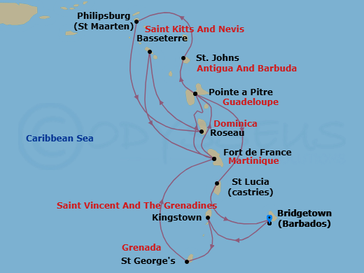 14 Night - South Caribbean - MSC Meraviglia - Starting in Bridgetown, Barbados, Kingstown, St Vincent and the Grenadines, Saint George, Grenada, Fort-de-France, Martinique, Pointe-A-Pitre, Guadeloupe, St Johns AG, Antigua, Philipsburg, St Maarten, Roseau, Dominica, Basseterre, St Kitts and Nevis, Fort-de-France, Martinique, Pointe-A-Pitre, Guadeloupe, Castries, Saint Lucia, Bridgetown, Barbados itinerary map