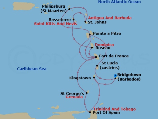 14 Night - South Caribbean - MSC Meraviglia - Starting in Bridgetown, Barbados, Kingstown, St Vincent and the Grenadines, Port of Spain, Saint George, Grenada, Fort-de-France, Martinique, Pointe-A-Pitre, Guadeloupe, Philipsburg, St Maarten, St Johns AG, Antigua, Basseterre, St Kitts and Nevis, Roseau, Dominica, Fort-de-France, Martinique, Pointe-A-Pitre, Guadeloupe, Castries, Saint Lucia, Bridgetown, Barbados itinerary map