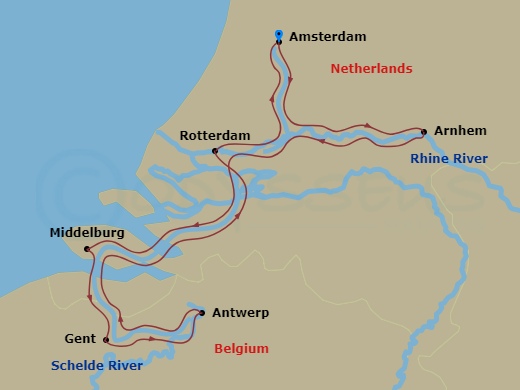 7 Night - Tulip Serenade - MS Amadeus Aurea - Starting in Amsterdam, Arnhem, Middelburg, Ghent, Antwerp, Rotterdam, Amsterdam itinerary map