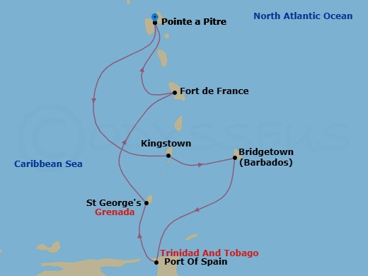 7 Night - South Caribbean - MSC Meraviglia - Starting in Pointe-A-Pitre, Guadeloupe, Kingstown, St Vincent and the Grenadines, Bridgetown, Barbados, Port of Spain, Saint George, Grenada, Fort-de-France, Martinique, Pointe-A-Pitre, Guadeloupe itinerary map