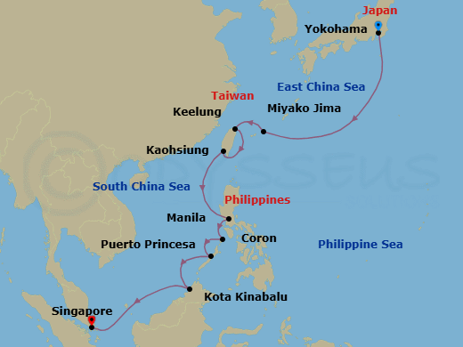 14 Night - Archipelagos of the East - Oceania Vista - Starting in Tokyo (Yokohama), Miyakojima (Hirara), Taipei (Keelung), Kaohsiung, Manila, Coron, Puerto Princesa, Kota Kinabalu (Borneo), Singapore itinerary map