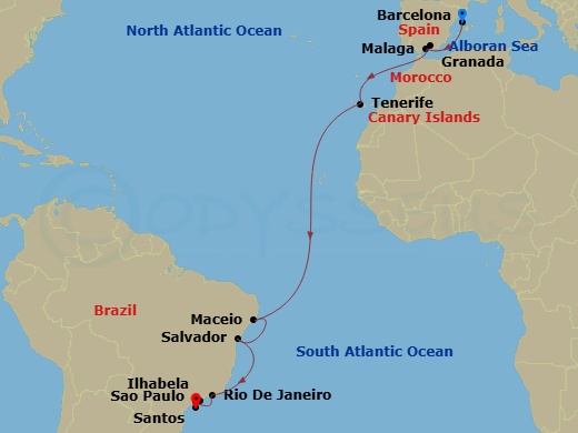 18 Night - Msc Grand Voyages - MSC Virtuosa - Starting in Barcelona, Spain, Malaga (Granada), Spain, Santa Cruz de Tenerife, Maceio, Brazil, Salvador, Brazil, Rio De Janeiro, Brazil, Ilhabela, Brazil, Santos (Sao Paulo), Brazil itinerary map