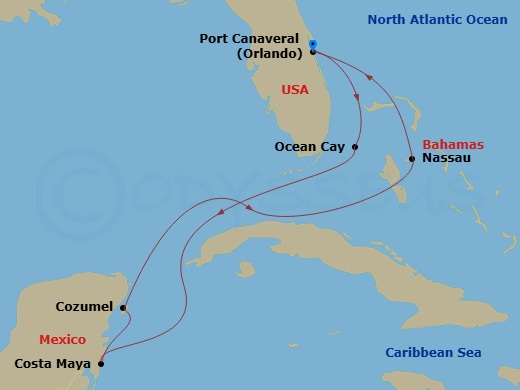7 Night - Caribbean and Antilles - MSC World Atlantic - Starting in Port Canaveral (Orlando), Florida, Ocean Cay Msc Marine Reserve, Bahamas, Costa Maya, Mexico, Cozumel, Mexico, Nassau, Bahamas, Port Canaveral (Orlando), Florida itinerary map