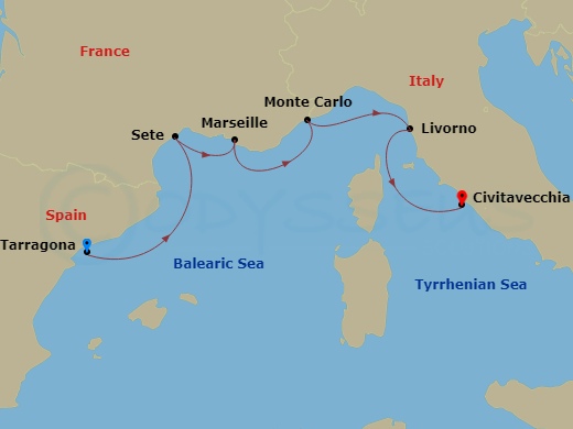 7 Night - Iconic Western Mediterranean - Viking Vela - Starting in Barcelona (Tarragona), Sete, Marseille, Monte Carlo, Florence / Pisa (Livorno), Rome (Civitavecchia) itinerary map