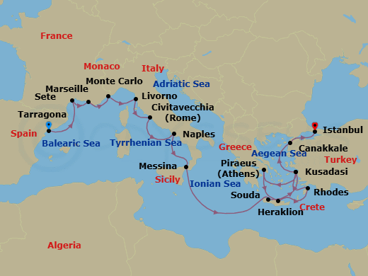 21 Night - Iconic Mediterranean Treasures - Viking Star - Starting in Barcelona (Tarragona), Sete, Marseille, Monte Carlo, Florence / Pisa (Livorno), Rome (Civitavecchia), Naples, Sicily (Messina), Sail the Ionian Sea, Crete (Souda Bay), Ephesus (Kusadasi), Athens (Piraeus), Crete (Heraklion), Rhodes, Ephesus (Kusadasi), Troy (Canakkale), Istanbul itinerary map