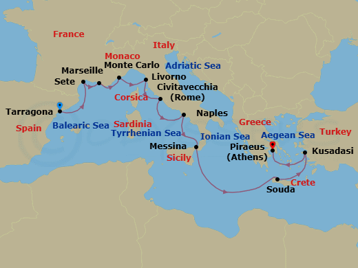 14 Night - Mediterranean Antiquities - Viking Star - Starting in Barcelona (Tarragona), Sete, Marseille, Monte Carlo, Florence / Pisa (Livorno), Rome (Civitavecchia), Naples, Sicily (Messina), Sail the Ionian Sea, Crete (Souda Bay), Ephesus (Kusadasi), Athens (Piraeus) itinerary map