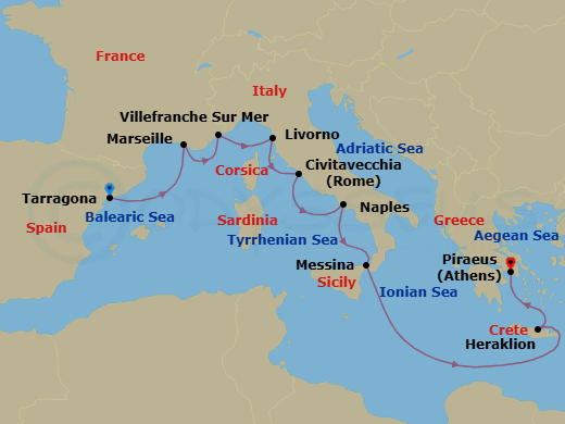 10 Night - Icons of the Mediterranean - Viking Sea - Starting in Barcelona (Tarragona), Marseille, Villefranche-Sur-Mer, Florence / Pisa (Livorno), Rome (Civitavecchia), Naples, Sicily (Messina), Sail the Ionian Sea, Crete (Heraklion), Athens (Piraeus) itinerary map