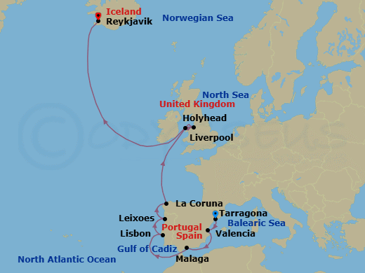 14 Night - Iceland, British Isles & Iberia - Viking Mars - Starting in Barcelona (Tarragona), Valencia, Sail the Alboran Sea, Granada (Malaga), Sail the Strait of Gibraltar, Lisbon, Porto (Leixoes), A Coruna, Sail the Atlantic Ocean, Holyhead, Liverpool, Sail the Atlantic Ocean, Sail the Irish Sea, Reykjavik itinerary map