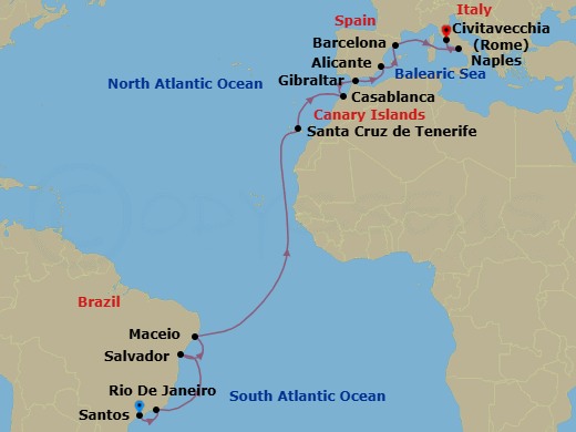 19 Night - Msc Grand Voyages - MSC Divina - Starting in Santos (Sao Paulo), Brazil, Rio De Janeiro, Brazil, Salvador, Brazil, Maceio, Brazil, Santa Cruz de Tenerife, Casablanca (Marrakesh), Morocco, Gibraltar, United Kingdom, Alicante, Spain, Barcelona, Spain, Naples (Pompeii), Italy, Civitavecchia (Rome), Italy itinerary map
