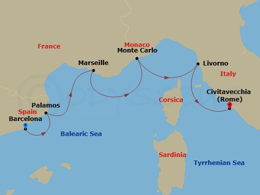 7 Night - Iconic Western Mediterranean - Viking Vela - Starting in Barcelona, Barcelona (Palamos), Marseille, Monte Carlo, Florence / Pisa (Livorno), Rome (Civitavecchia) itinerary map
