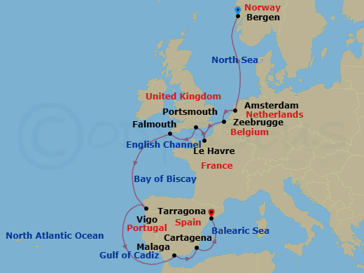 14 Night - Trade Routes of the Middle Ages - Viking Vela - Starting in Bergen, Sail the North Sea, Amsterdam, Bruges (Zeebrugge), Paris (Le Havre), Portsmouth UK, Falmouth, Sail the Atlantic Ocean, Vigo, Sail the Atlantic Ocean, Granada (Malaga), Murcia (Cartagena ES, Spain), Barcelona (Tarragona) itinerary map