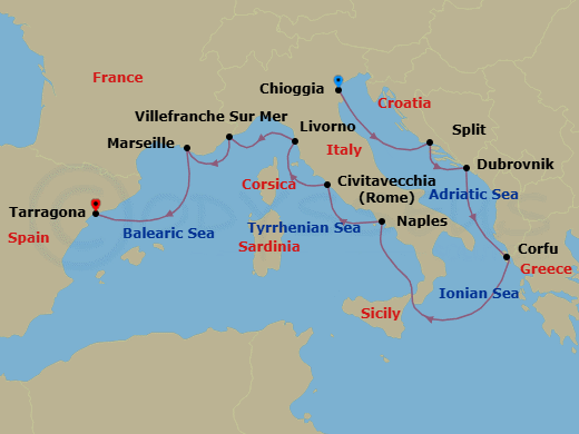 12 Night - Mediterranean Odyssey - Viking Star - Starting in Venice (Chioggia), Split, Dubrovnik, Croatia, Corfu (Kerkyra), Sail the Ionian Sea, Naples, Rome (Civitavecchia), Florence / Pisa (Livorno), Villefranche-Sur-Mer, Marseille, Barcelona (Tarragona) itinerary map
